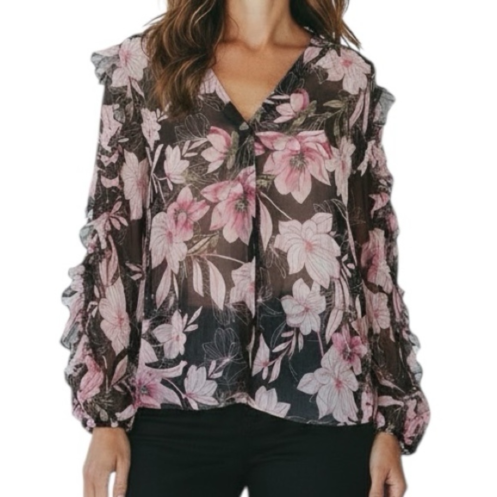 WHITE HOUSE BLACK MARKET Semi-Sheer Black Floral Ruffle Detail Blouse Size Large